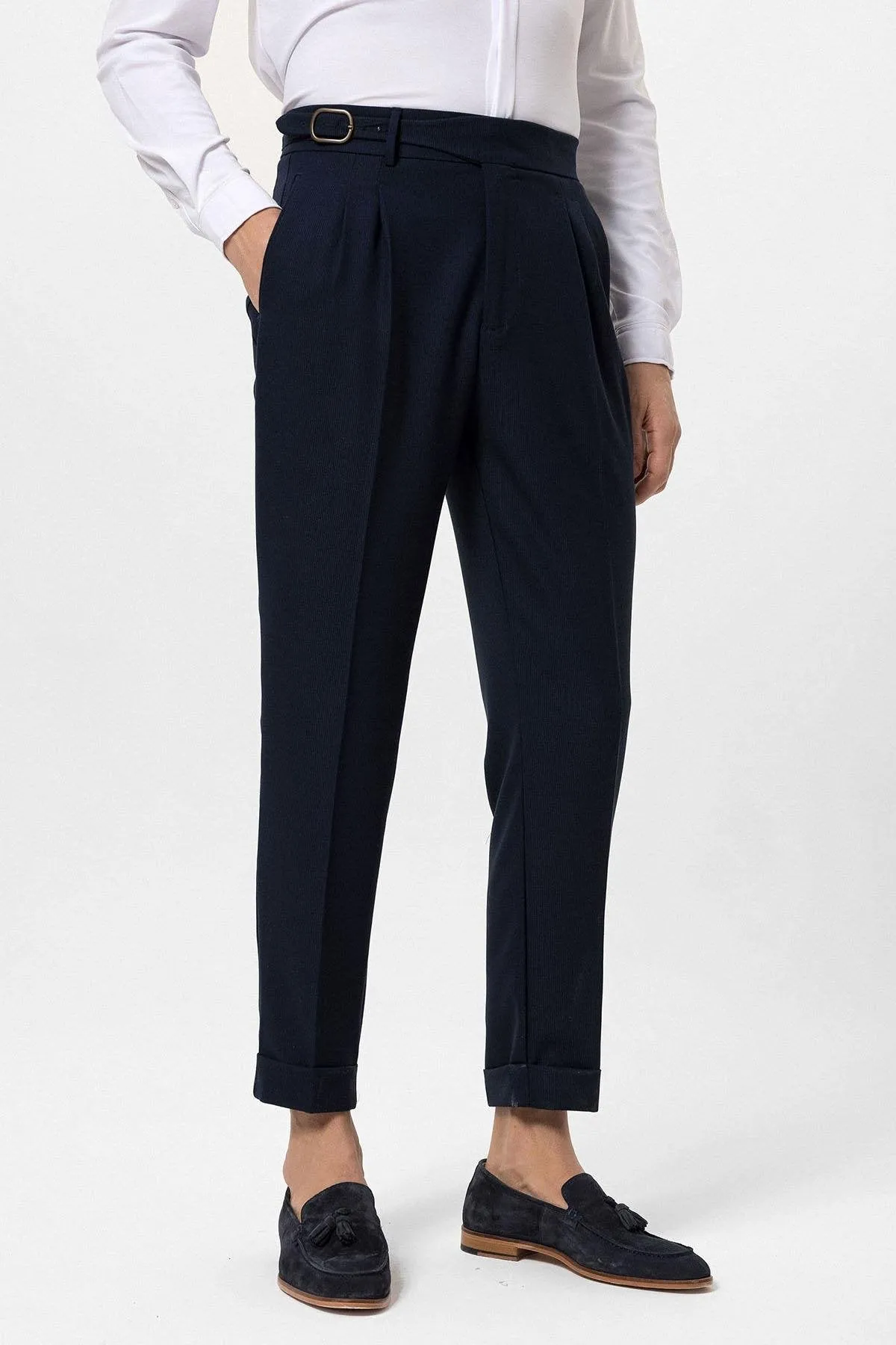 Navy Blue High Waist Pleated Buckle Detailed Men's Trousers - Wessi sold by Wessi