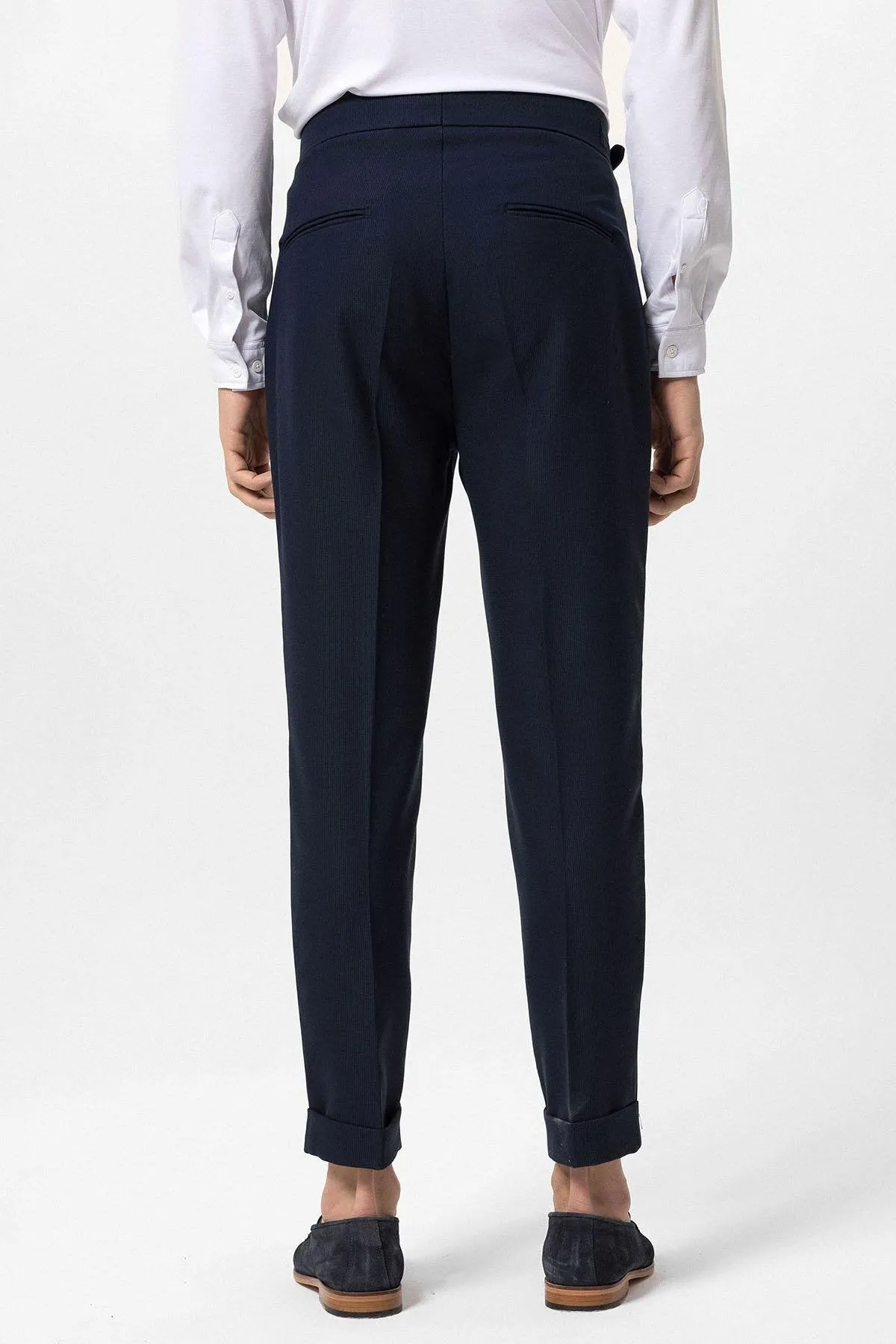 Navy Blue High Waist Pleated Buckle Detailed Men's Trousers - Wessi sold by Wessi product image thumbnail 5