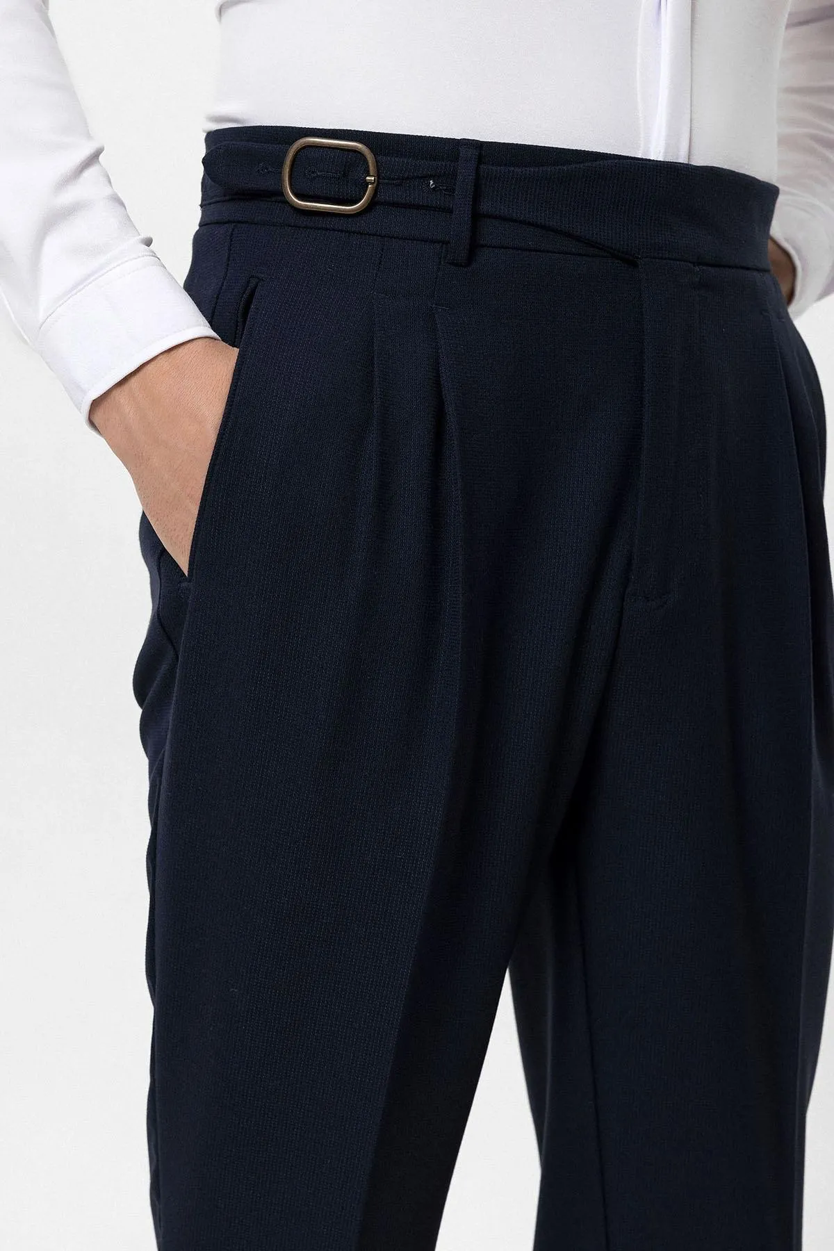 Navy Blue High Waist Pleated Buckle Detailed Men's Trousers - Wessi sold by Wessi product image thumbnail 4