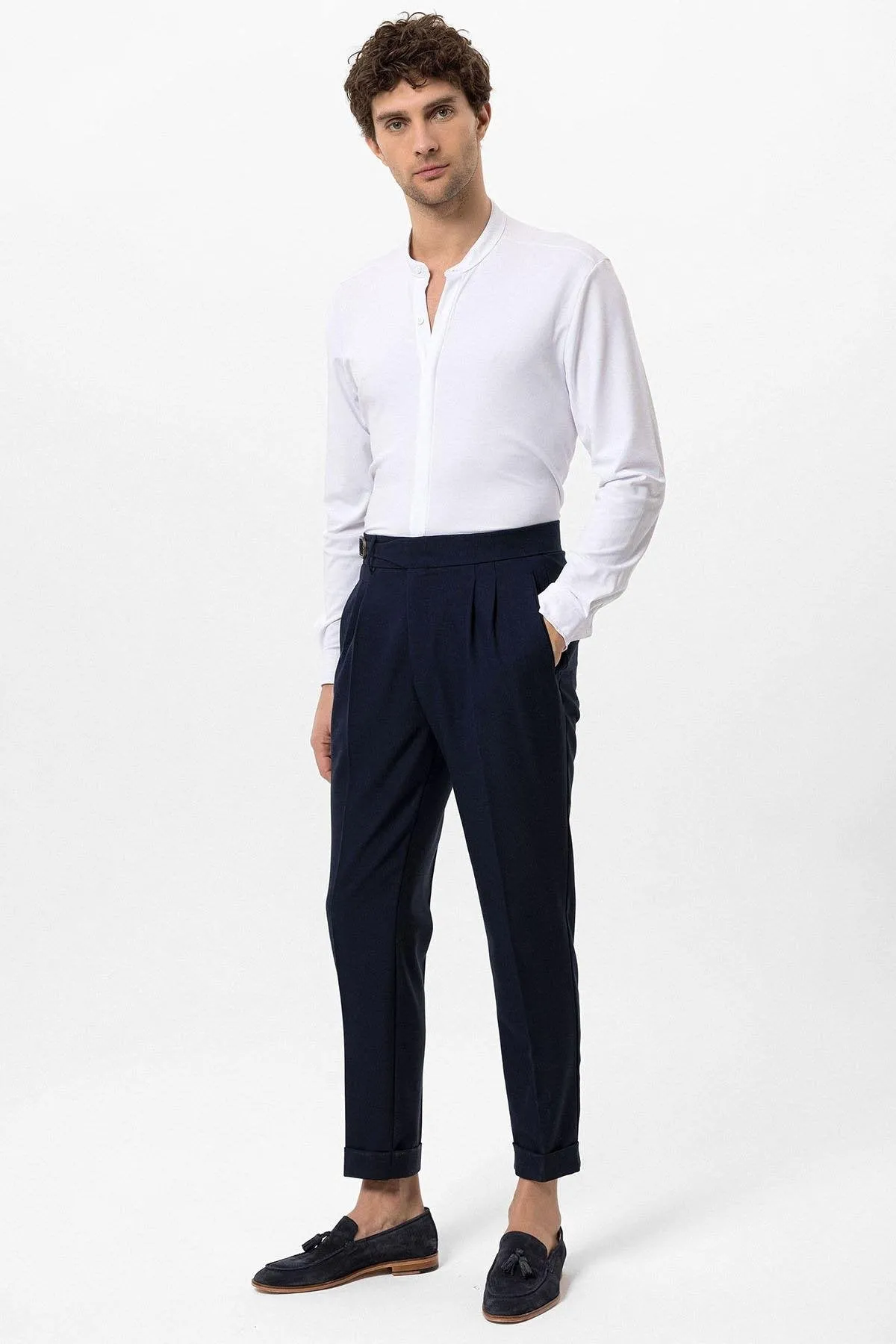 Navy Blue High Waist Pleated Buckle Detailed Men's Trousers - Wessi sold by Wessi product image thumbnail 3