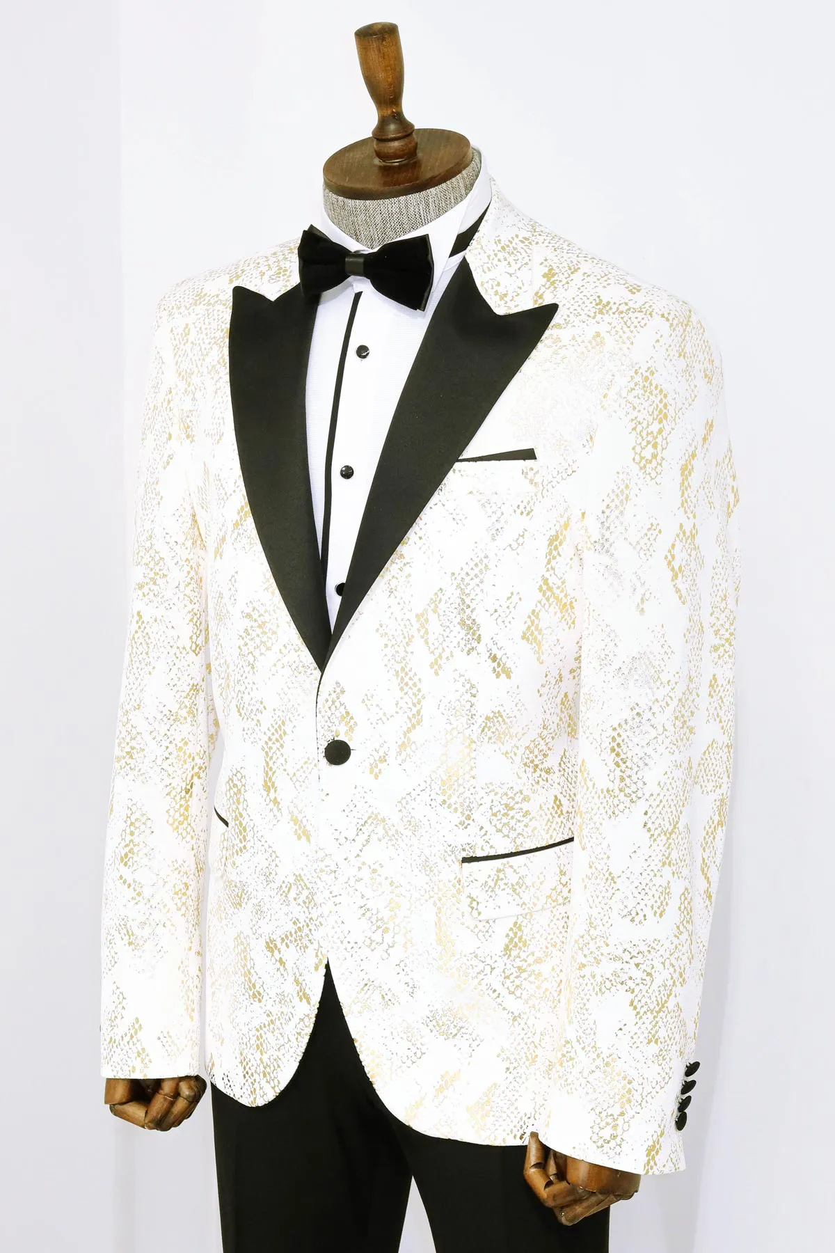 Peak Lapel Slim Fit Gold Patterned White Men Dinner Jacket - Wessi sold by Wessi product image thumbnail 4