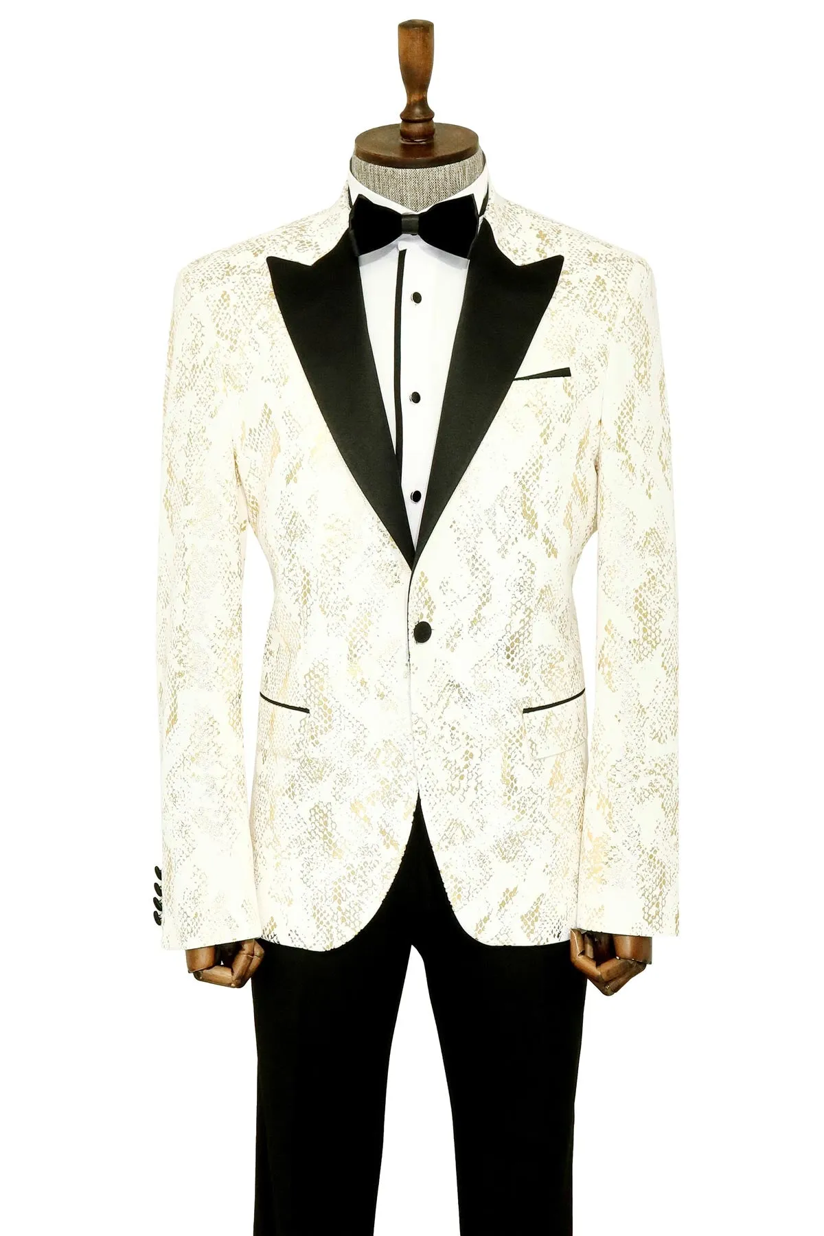 Peak Lapel Slim Fit Gold Patterned White Men Dinner Jacket - Wessi sold by Wessi product image thumbnail 3