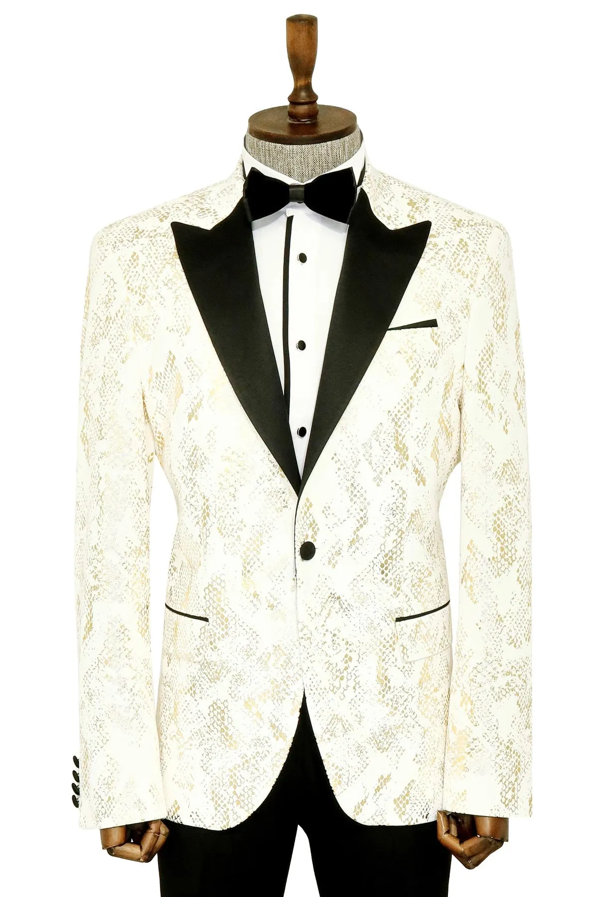 Peak Lapel Slim Fit Gold Patterned White Men Dinner Jacket - Wessi sold by Wessi