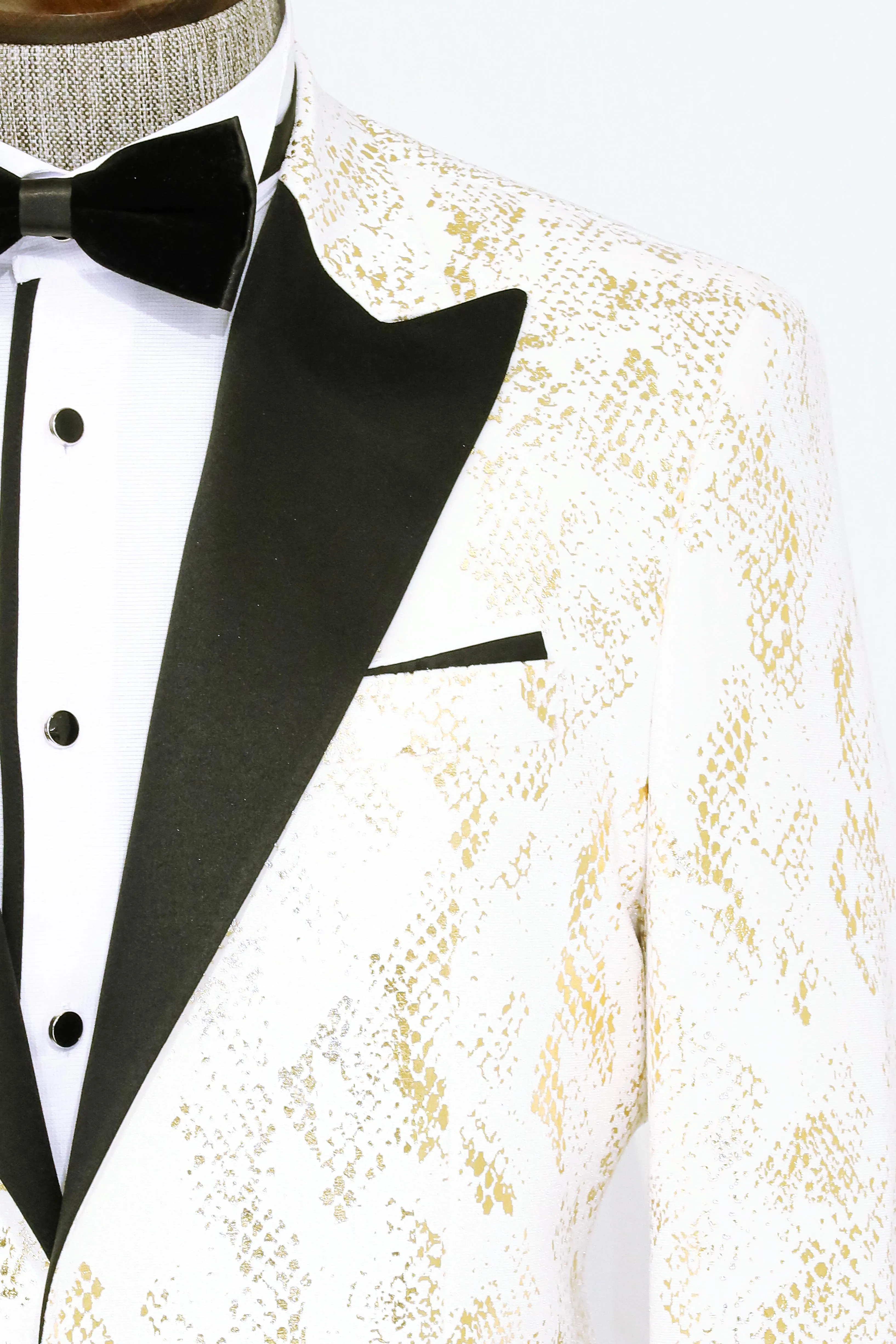 Peak Lapel Slim Fit Gold Patterned White Men Dinner Jacket - Wessi sold by Wessi product image thumbnail 2