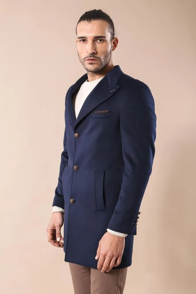 Wide Pointed Collar Over Knee Navy Blue Men Coat - Wessi sold by Wessi