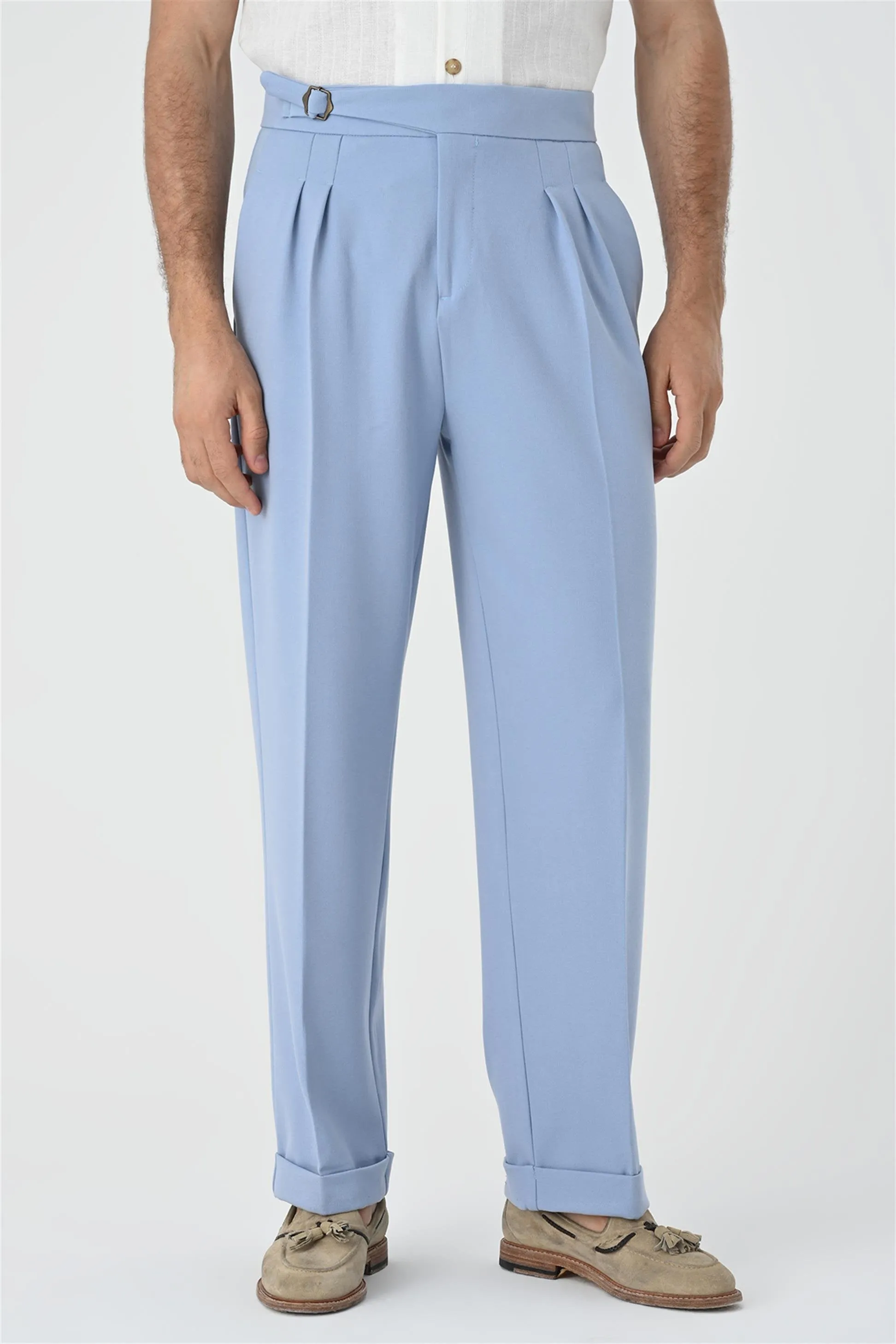 Light Blue Buckle Detailed Pleated High Waist Men's Trousers - Wessi sold by Wessi product image thumbnail 5