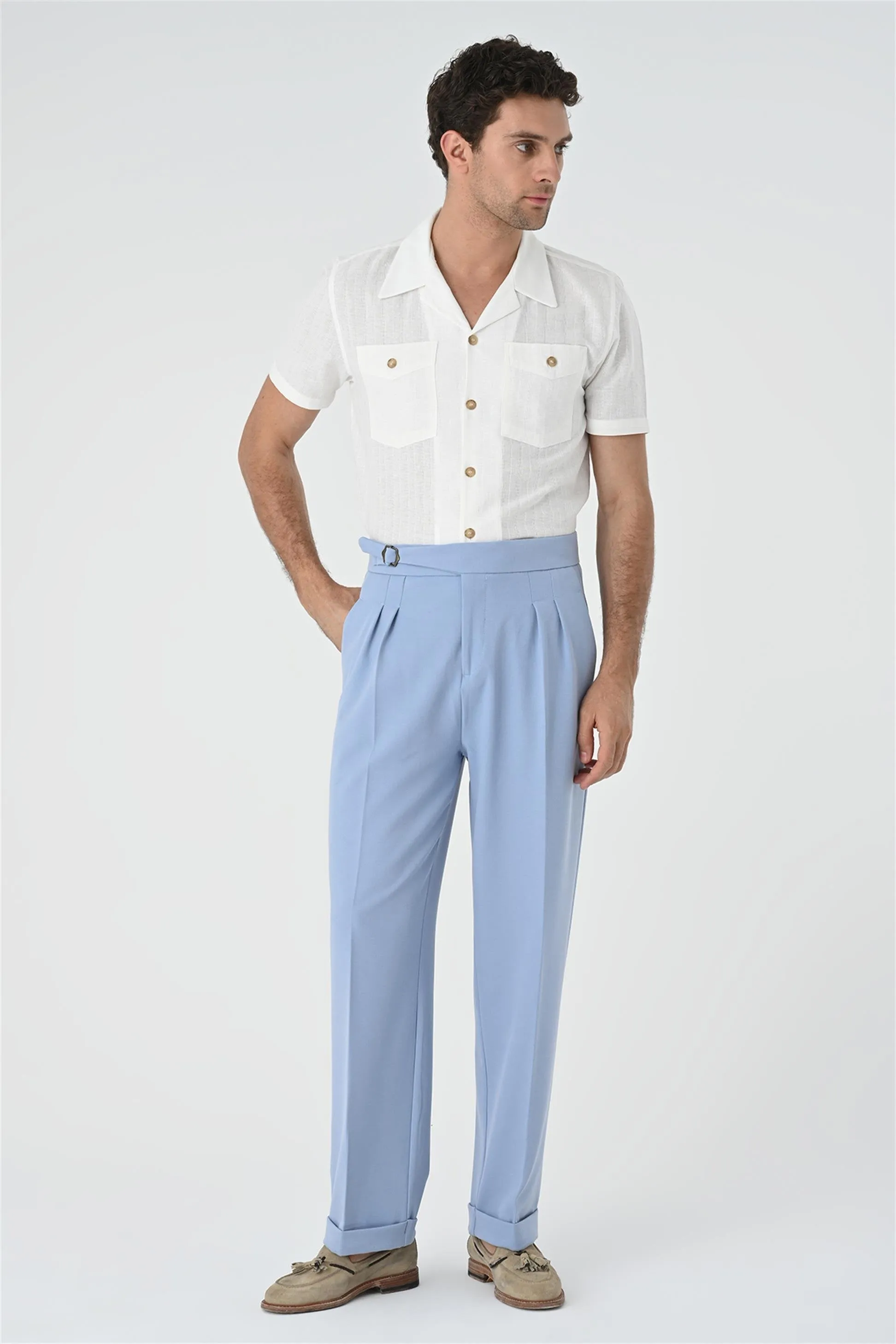 Light Blue Buckle Detailed Pleated High Waist Men's Trousers - Wessi sold by Wessi