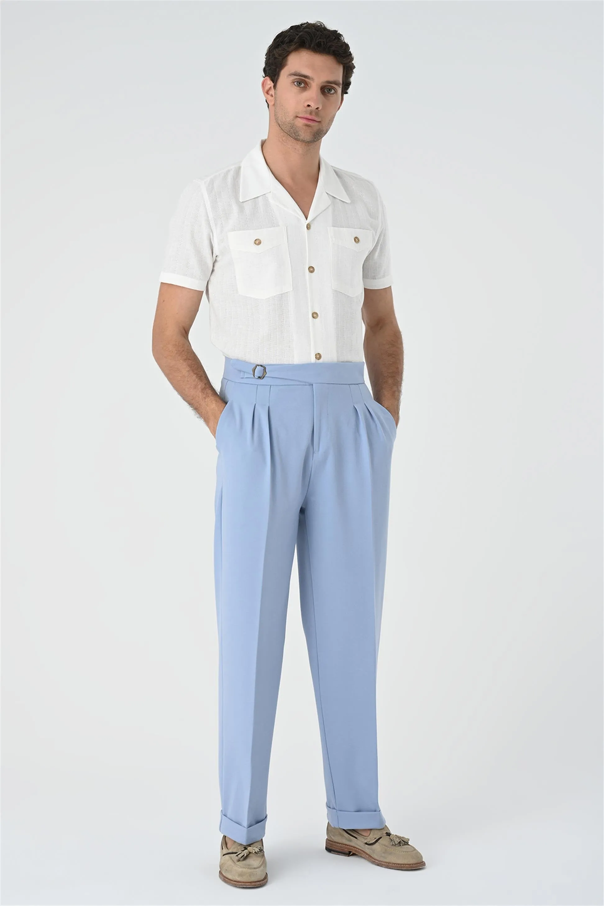Light Blue Buckle Detailed Pleated High Waist Men's Trousers - Wessi sold by Wessi product image thumbnail 3