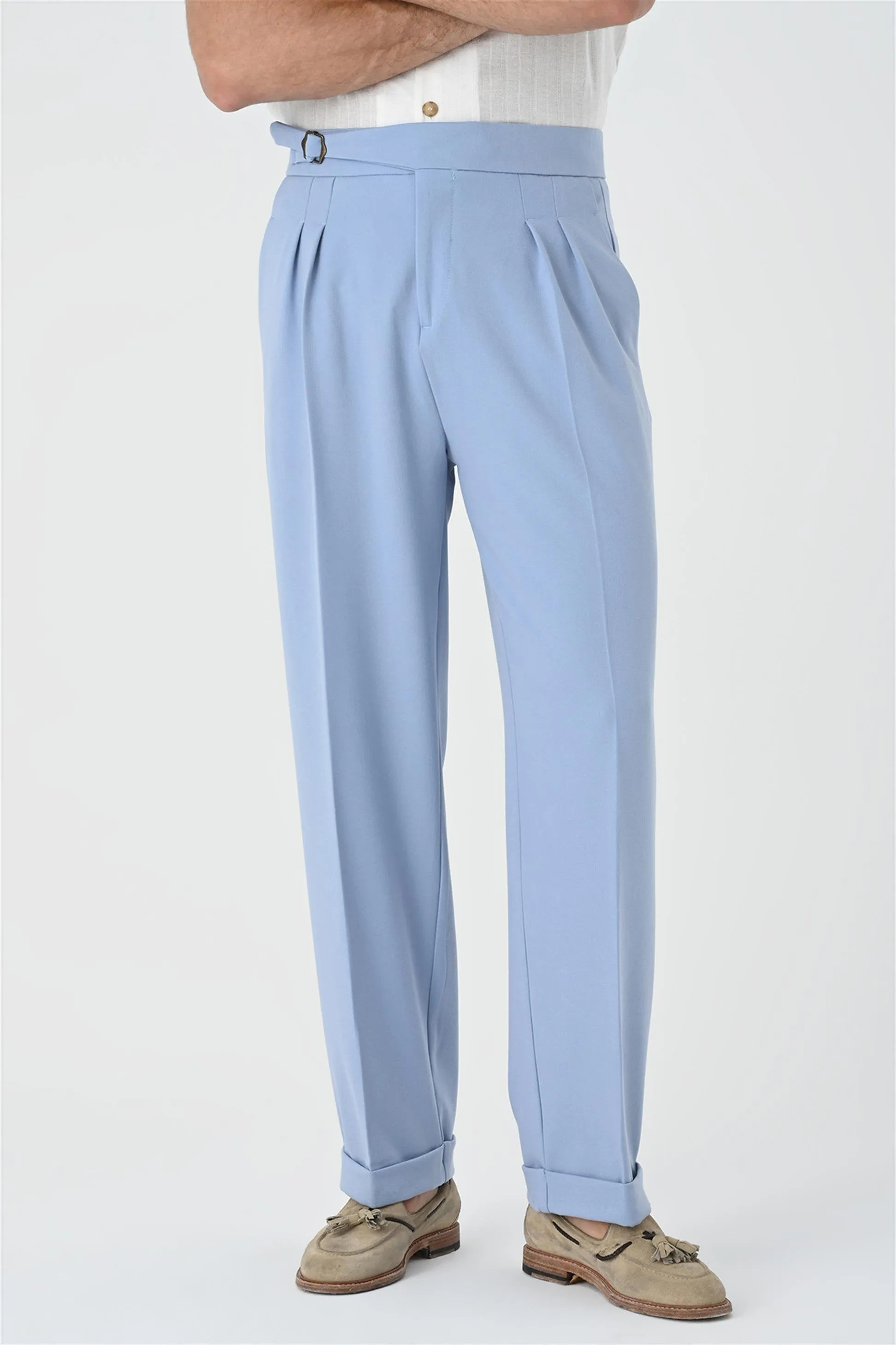 Light Blue Buckle Detailed Pleated High Waist Men's Trousers - Wessi sold by Wessi product image thumbnail 2