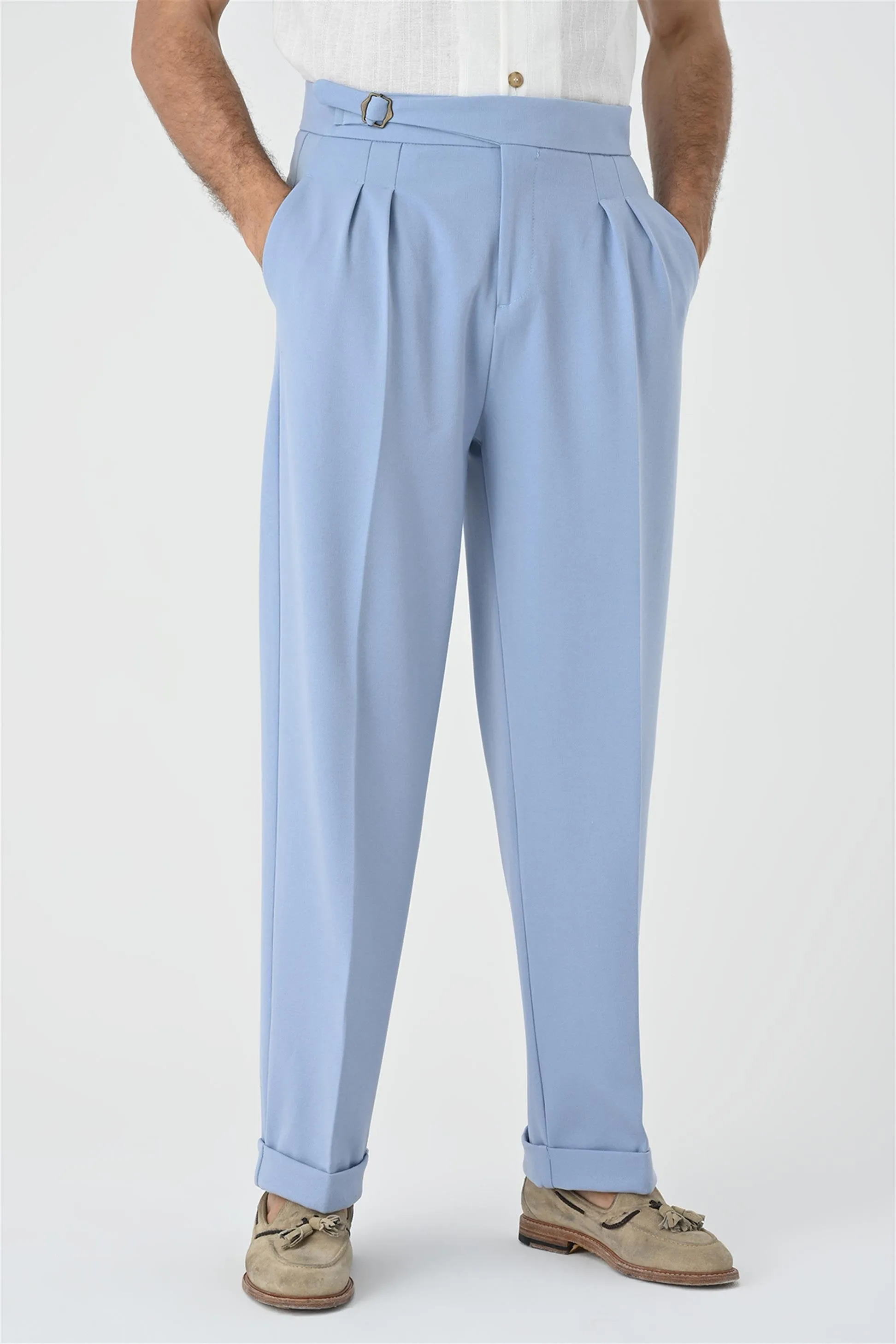 Light Blue Buckle Detailed Pleated High Waist Men's Trousers - Wessi sold by Wessi product image thumbnail 4