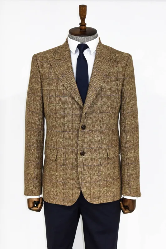 Herringbone Slim Fit Wool Tan Men Blazer and Trousers Combination- Wessi sold by Wessi