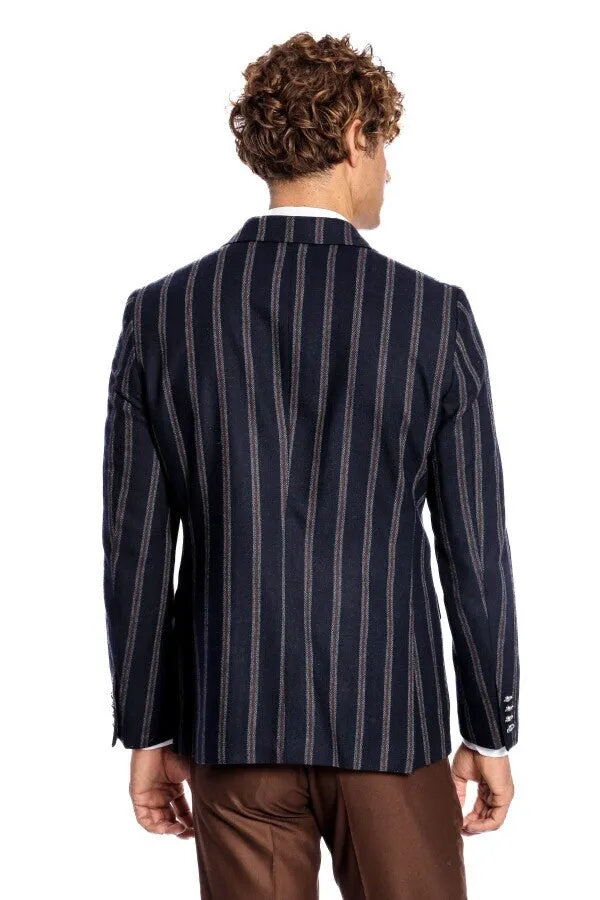 Wide Lapel Striped Double Breasted Navy Blue Men Blazer - Wessi sold by Wessi product image thumbnail 4