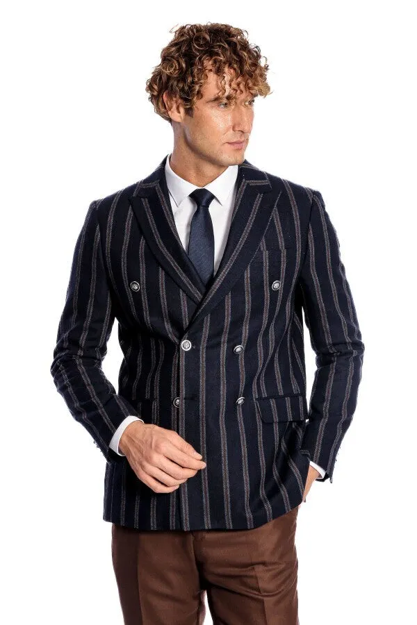 Wide Lapel Striped Double Breasted Navy Blue Men Blazer - Wessi sold by Wessi product image thumbnail 5