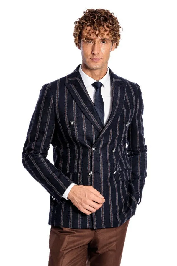 Wide Lapel Striped Double Breasted Navy Blue Men Blazer - Wessi sold by Wessi