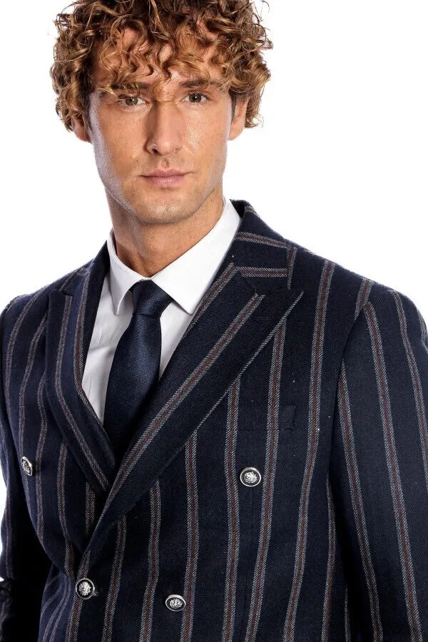 Wide Lapel Striped Double Breasted Navy Blue Men Blazer - Wessi sold by Wessi product image thumbnail 3