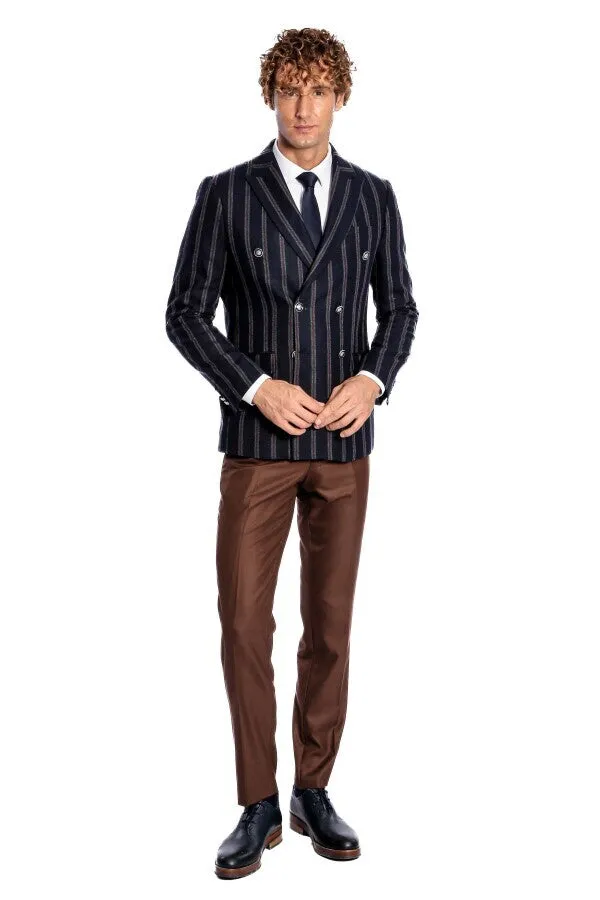 Wide Lapel Striped Double Breasted Navy Blue Men Blazer - Wessi sold by Wessi product image thumbnail 2