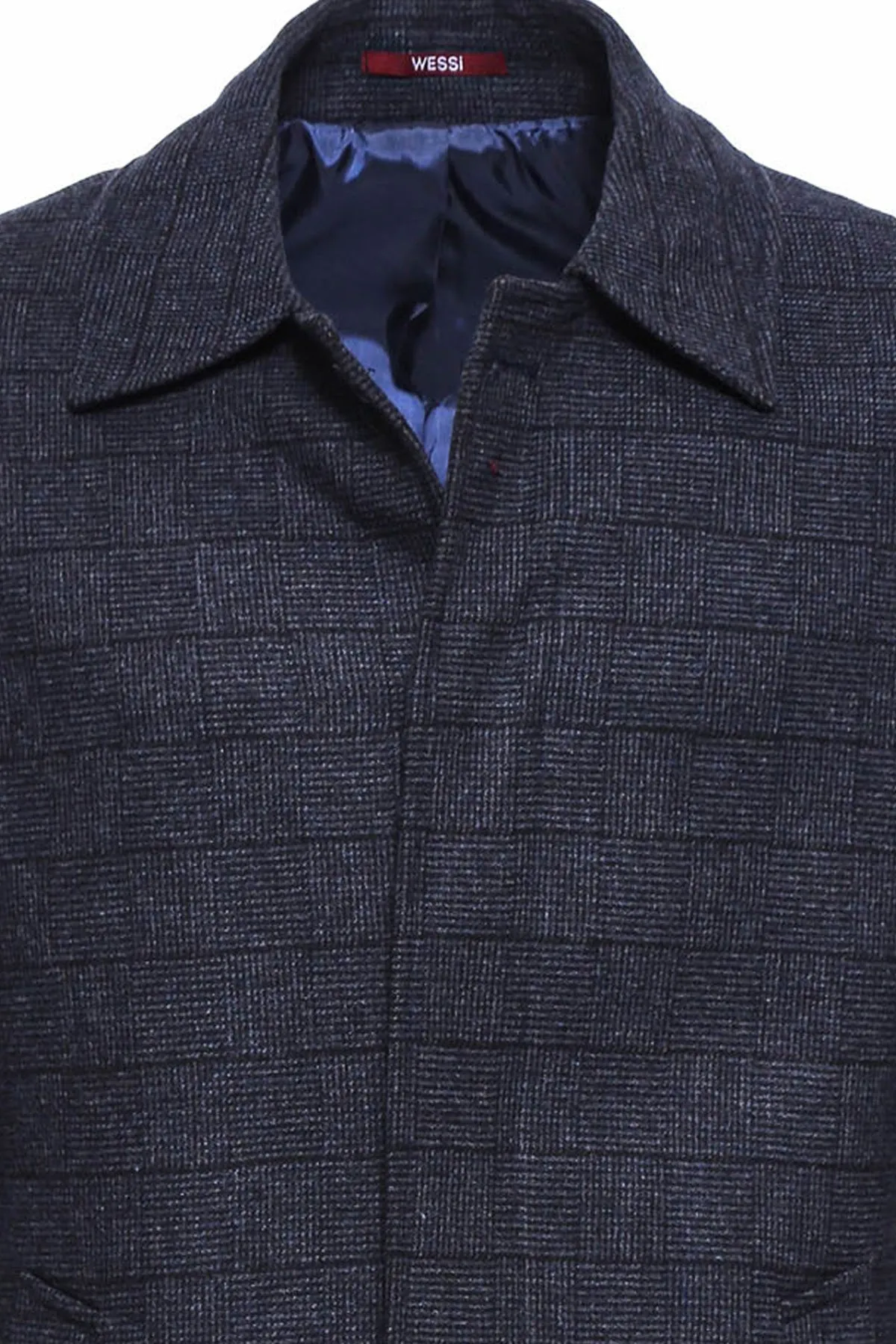 Navy Checked Hidden Button Peak Lapel Coat - Wessi sold by Wessi product image thumbnail 2