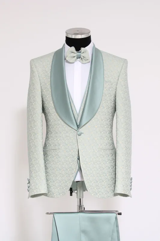 3-Piece Textured Satin Lapel Green Men's Tuxedo with Bow Tie sold by Wessi