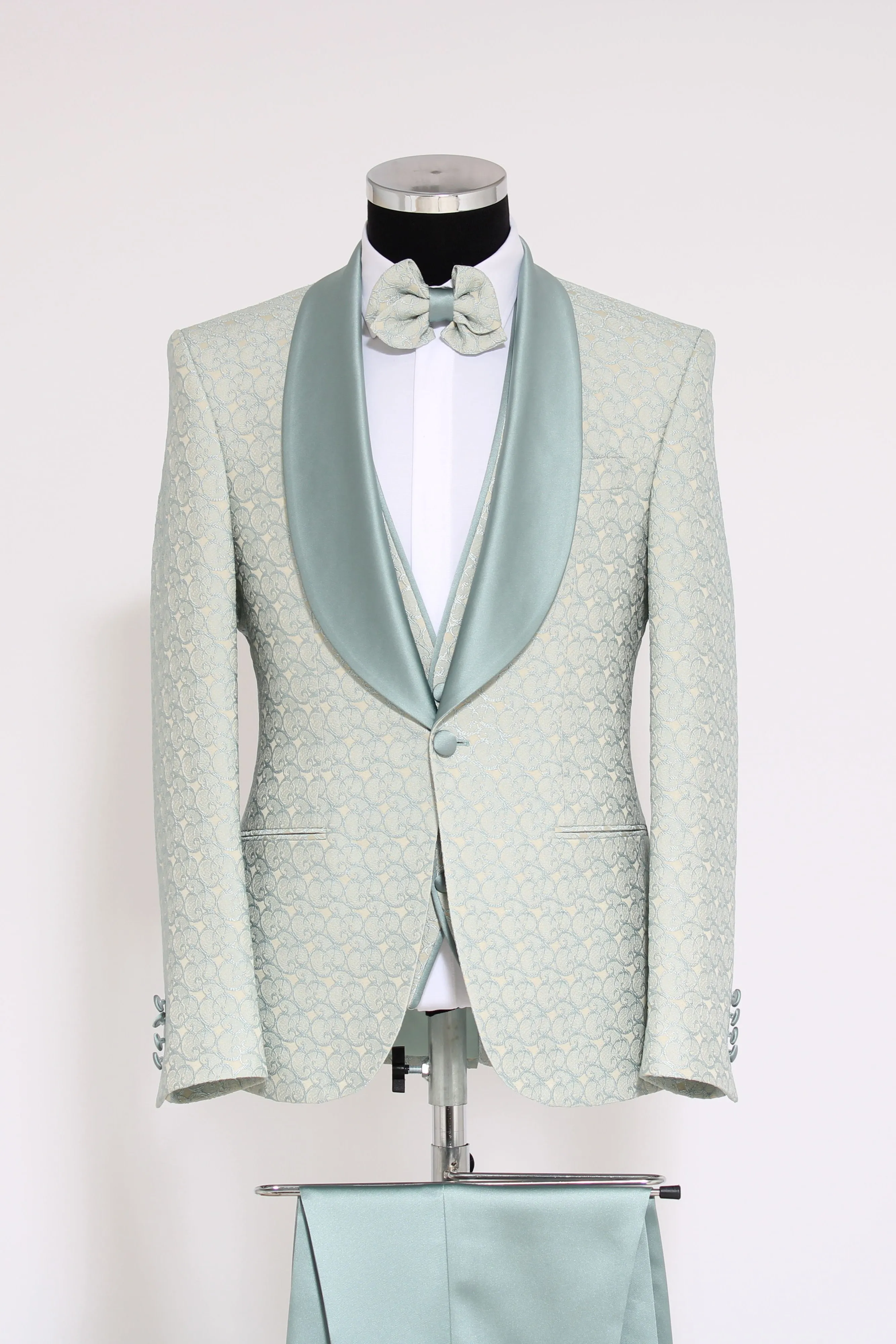 3-Piece Textured Satin Lapel Green Men's Tuxedo with Bow Tie sold by Wessi