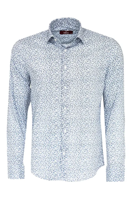Blue Floral Patterned Slim Fit White Men Shirt - Wessi sold by Wessi