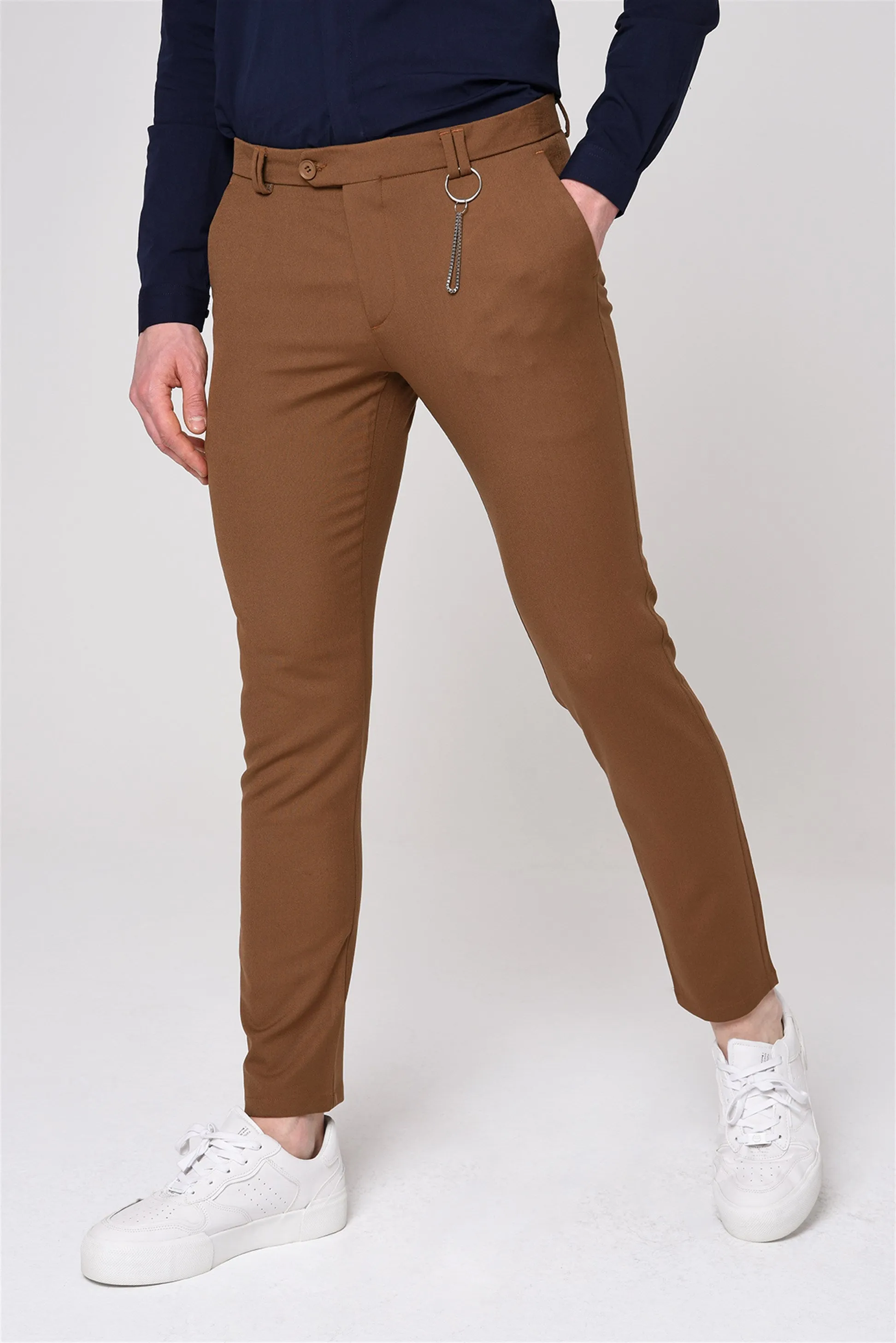 Men's Light Brown Slim Fit Straight Accessory Fabric Trousers - Wessi sold by Wessi product image thumbnail 3