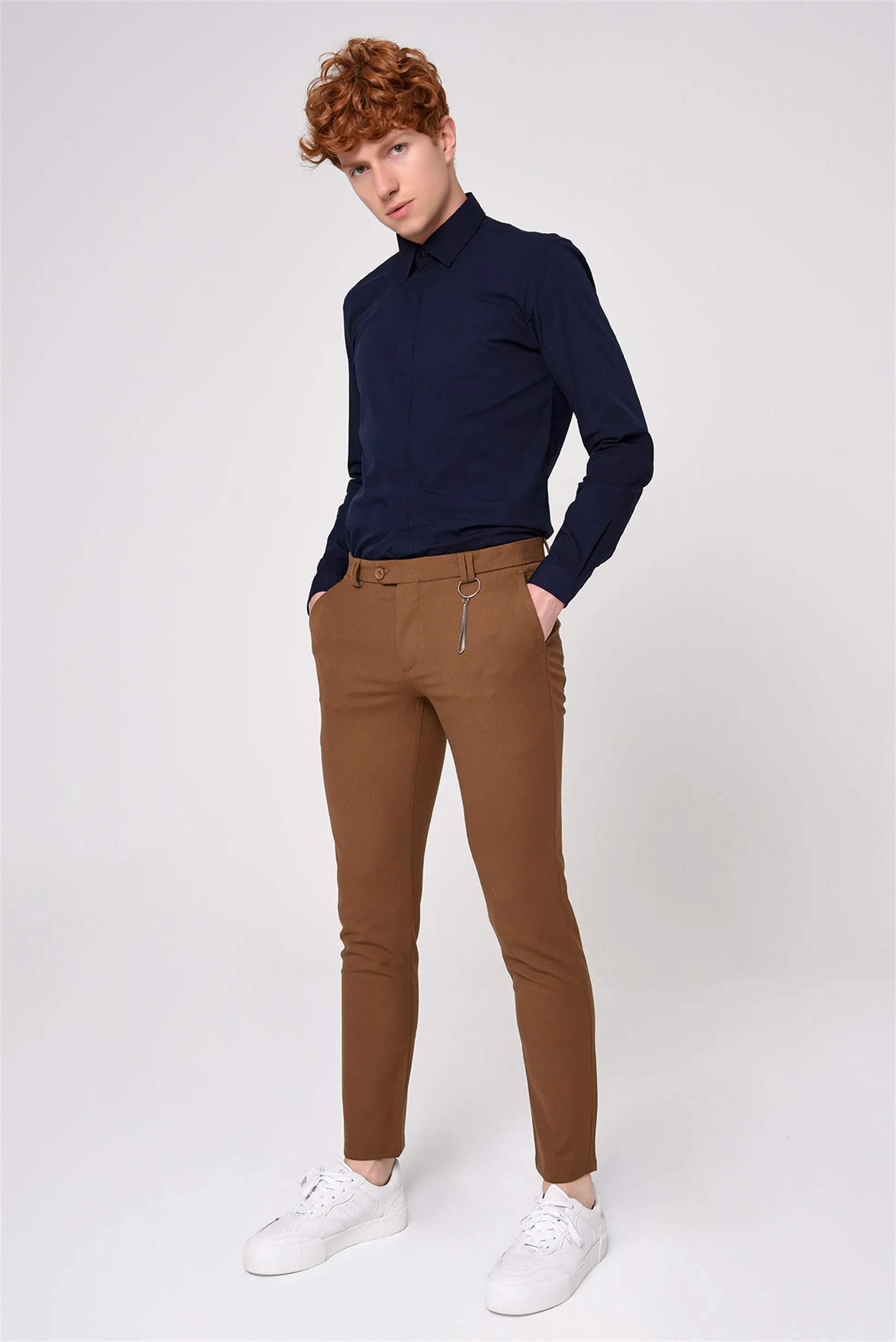 Men's Light Brown Slim Fit Straight Accessory Fabric Trousers - Wessi sold by Wessi
