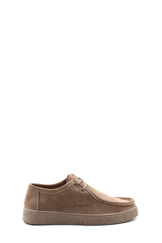 Men's Beige Suede Lace-Up Shoes with Textured Sole and Moccasin Stitching - Wessi sold by Wessi