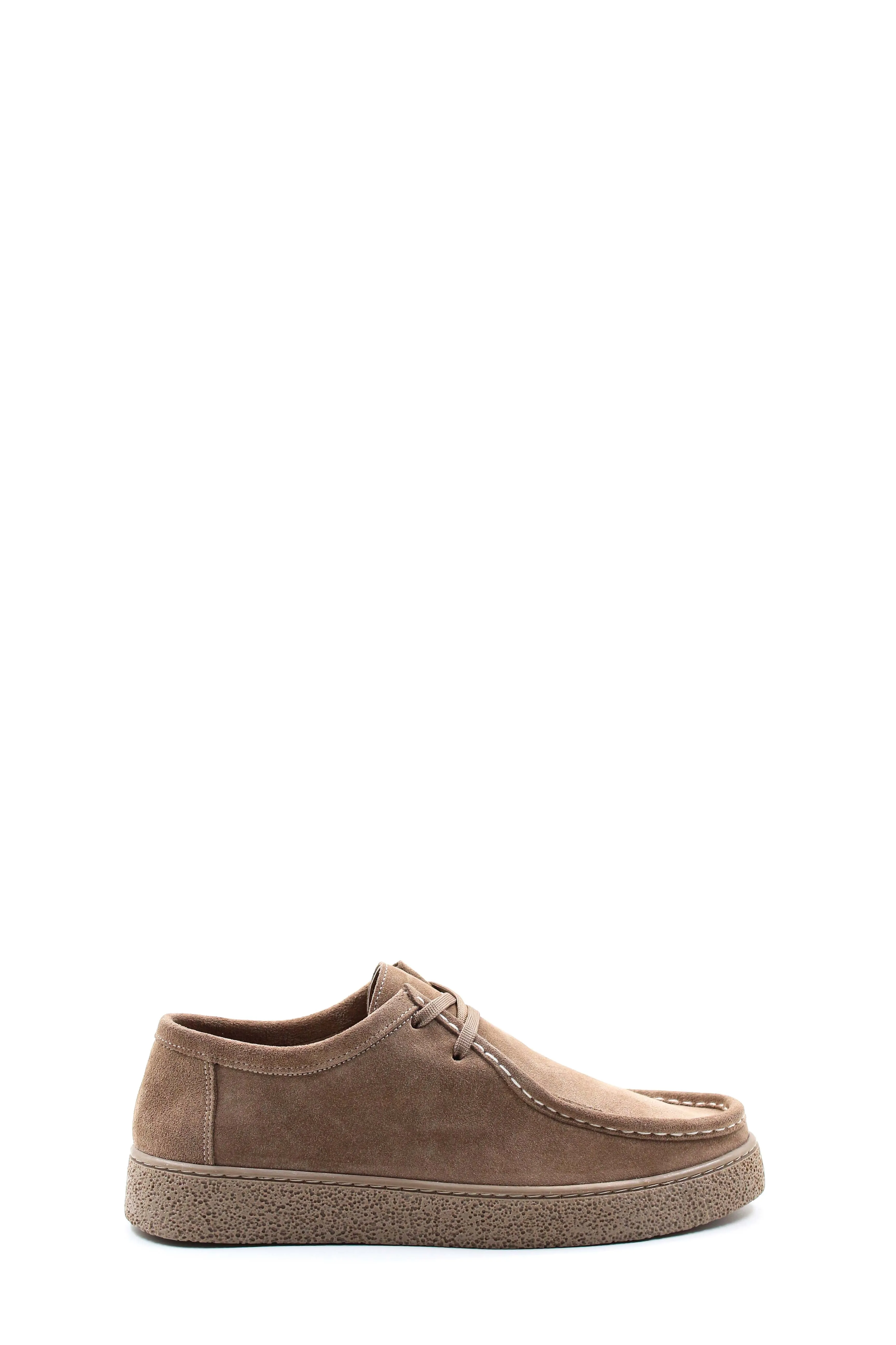 Men's Beige Suede Lace-Up Shoes with Textured Sole and Moccasin Stitching - Wessi sold by Wessi