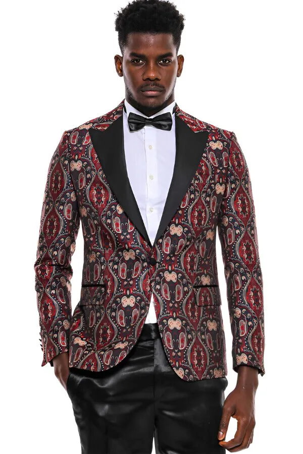 Shiny Patterned Burgundy Men Prom Blazer - Wessi sold by Wessi