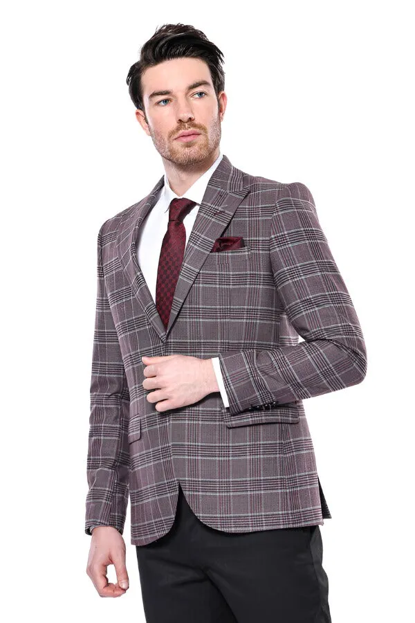 Slim-Fit Checked Burgundy Men Blazer - Wessi sold by Wessi product image thumbnail 3
