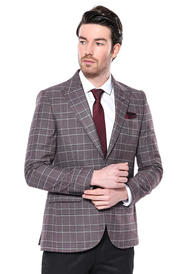 Slim-Fit Checked Burgundy Men Blazer - Wessi sold by Wessi