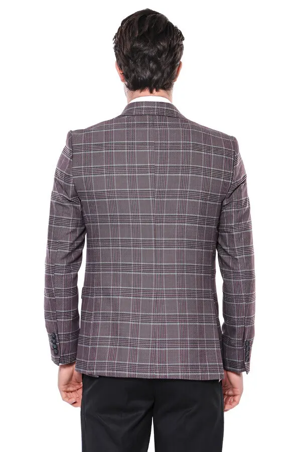 Slim-Fit Checked Burgundy Men Blazer - Wessi sold by Wessi product image thumbnail 4