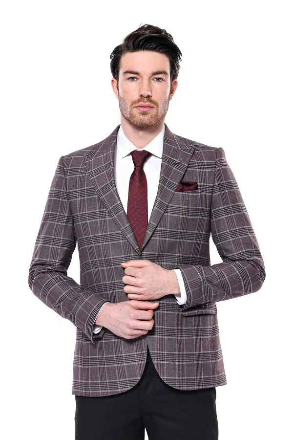 Slim-Fit Checked Burgundy Men Blazer - Wessi sold by Wessi product image thumbnail 5