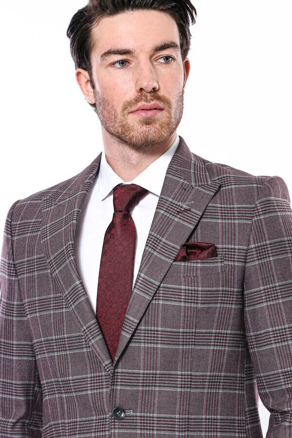 Slim-Fit Checked Burgundy Men Blazer - Wessi sold by Wessi product image thumbnail 2