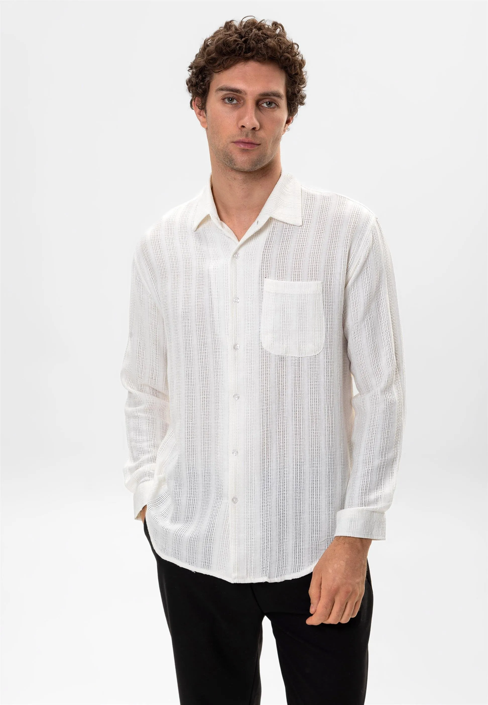 White Knitted Detailed Men's Shirt - Wessi sold by Wessi product image thumbnail 3