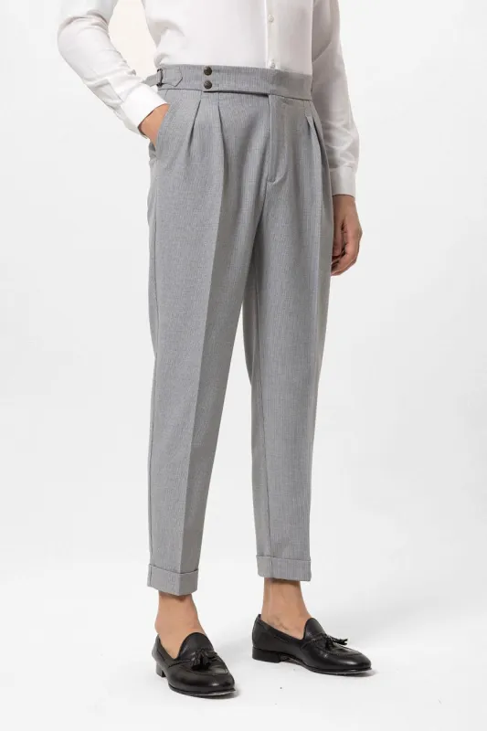 Men's Grey High Waist Side Buckled Pleated Fabric Trousers - Wessi sold by Wessi