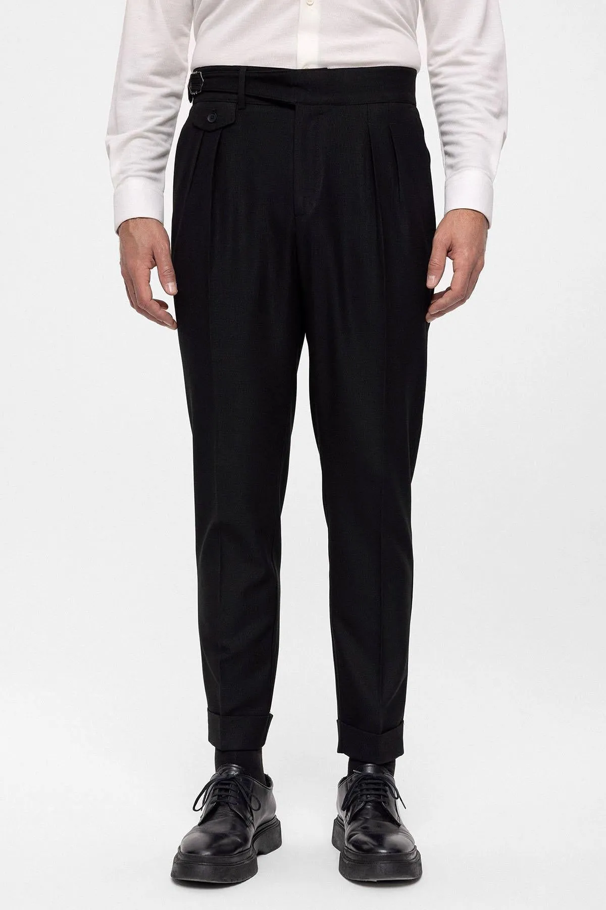 Men's Black High Waist (Boyfriend) Pleated Fabric Trousers With Buckle Belt - Wessi sold by Wessi product image thumbnail 3