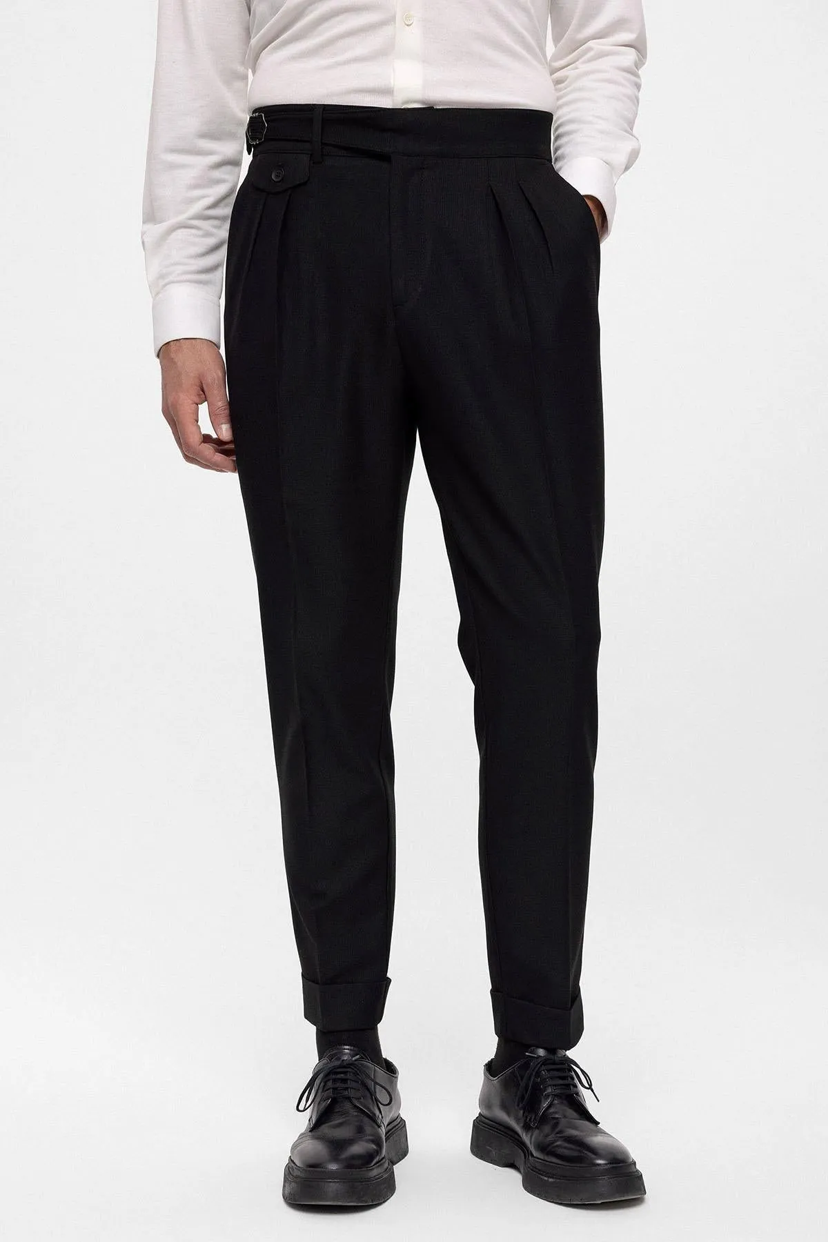 Men's Black High Waist (Boyfriend) Pleated Fabric Trousers With Buckle Belt - Wessi sold by Wessi product image thumbnail 4