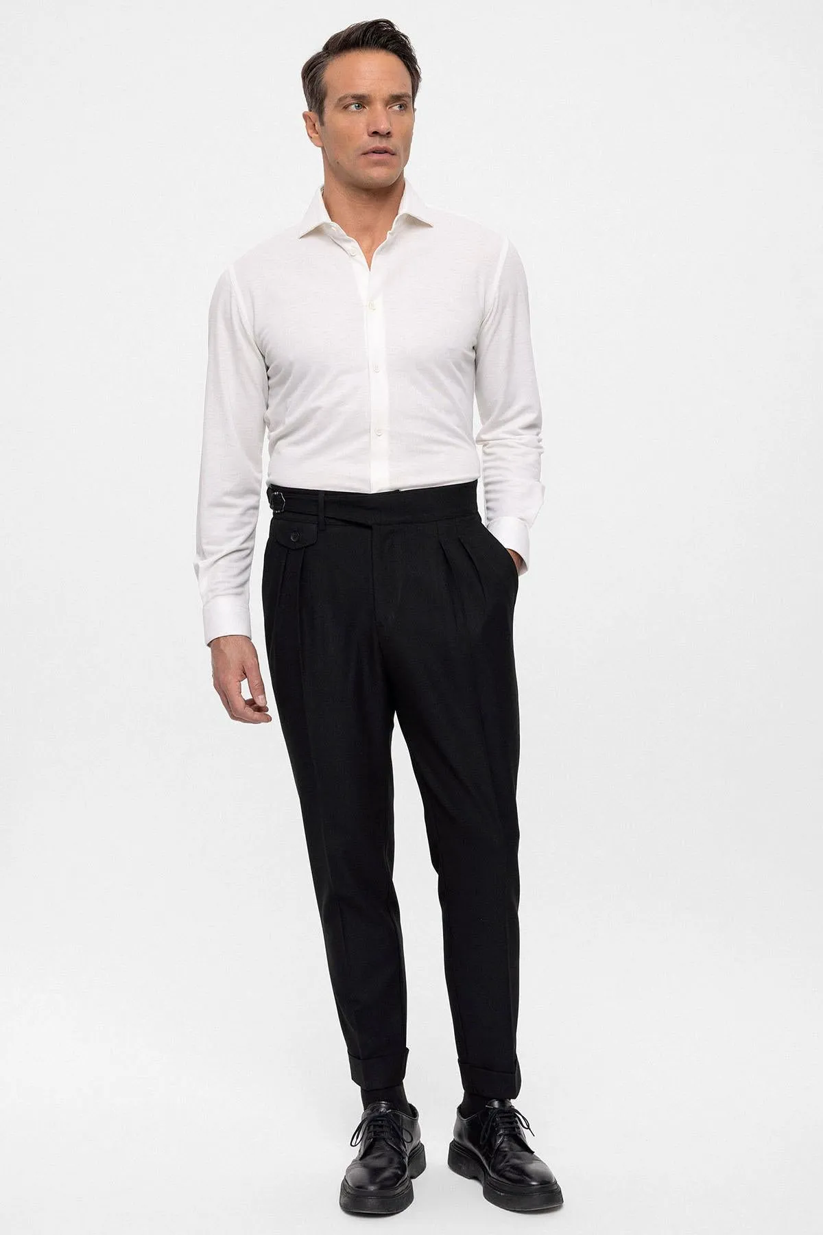 Men's Black High Waist (Boyfriend) Pleated Fabric Trousers With Buckle Belt - Wessi sold by Wessi