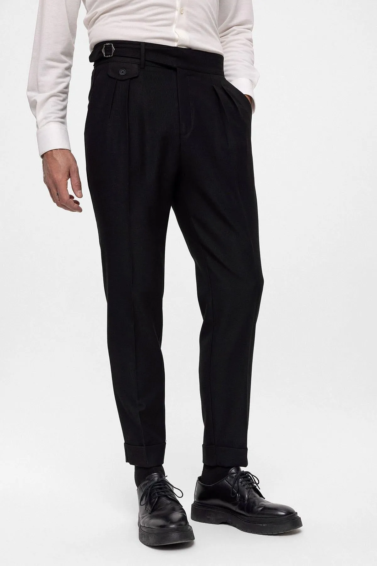 Men's Black High Waist (Boyfriend) Pleated Fabric Trousers With Buckle Belt - Wessi sold by Wessi product image thumbnail 5
