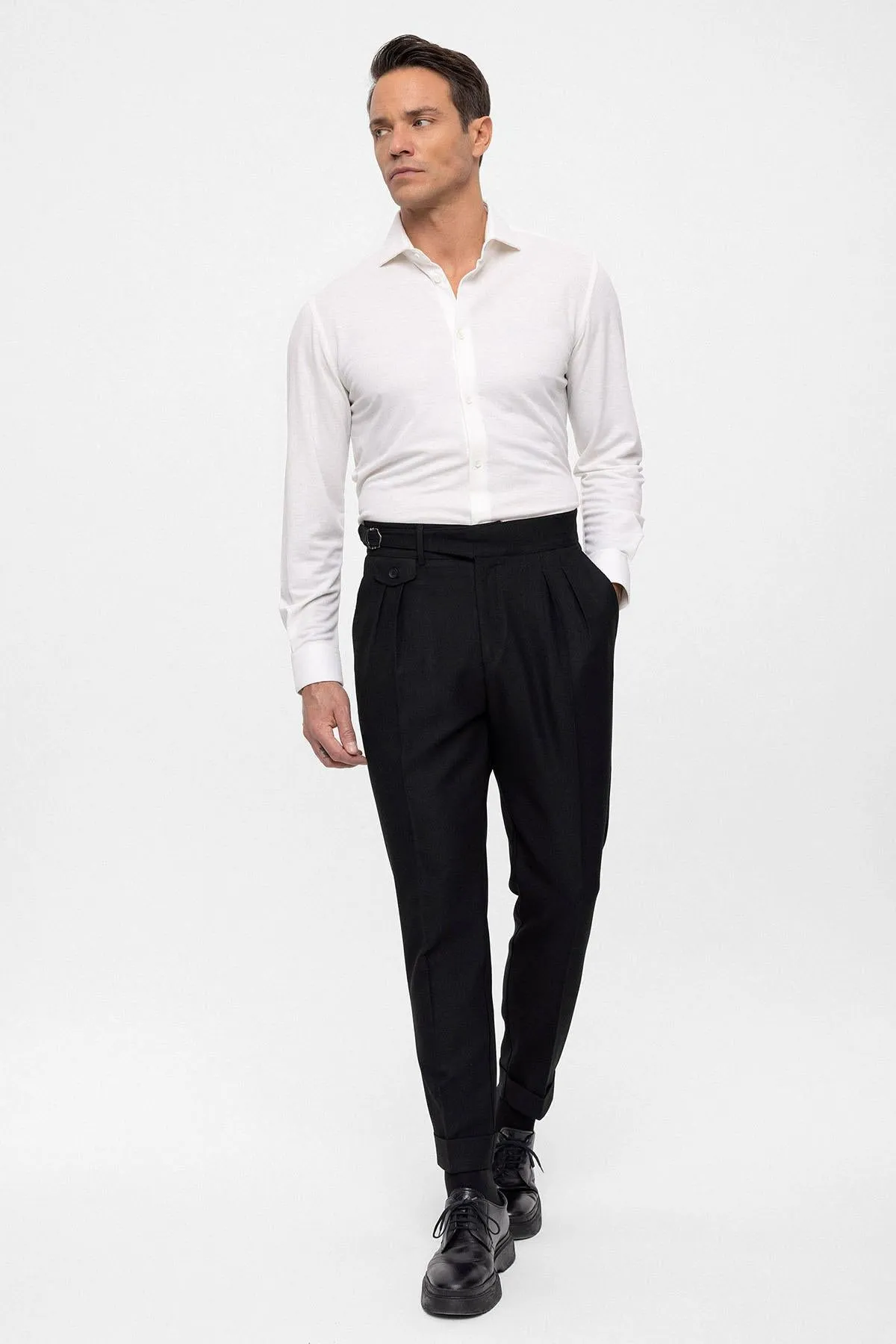 Men's Black High Waist (Boyfriend) Pleated Fabric Trousers With Buckle Belt - Wessi sold by Wessi product image thumbnail 2