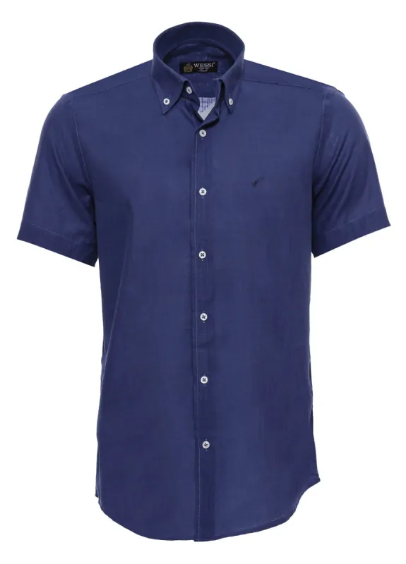 Linen Blend Short Sleeves Navy Blue Men Shirt - Wessi sold by Wessi