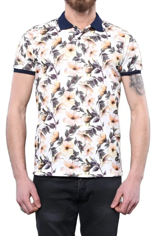 Polo Neck Floral Pattern Orange T-Shirt - Wessi sold by Wessi