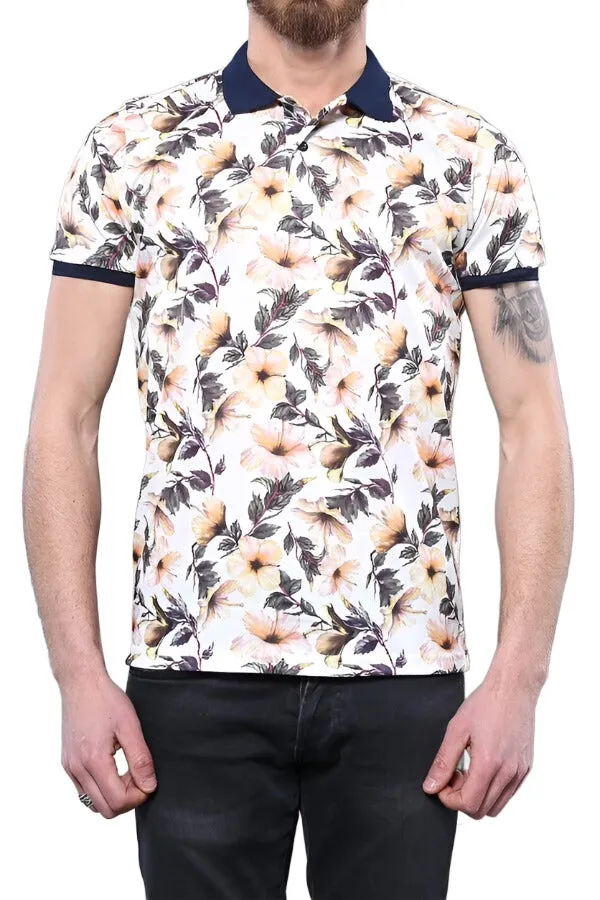 Polo Neck Floral Pattern Orange T-Shirt - Wessi sold by Wessi