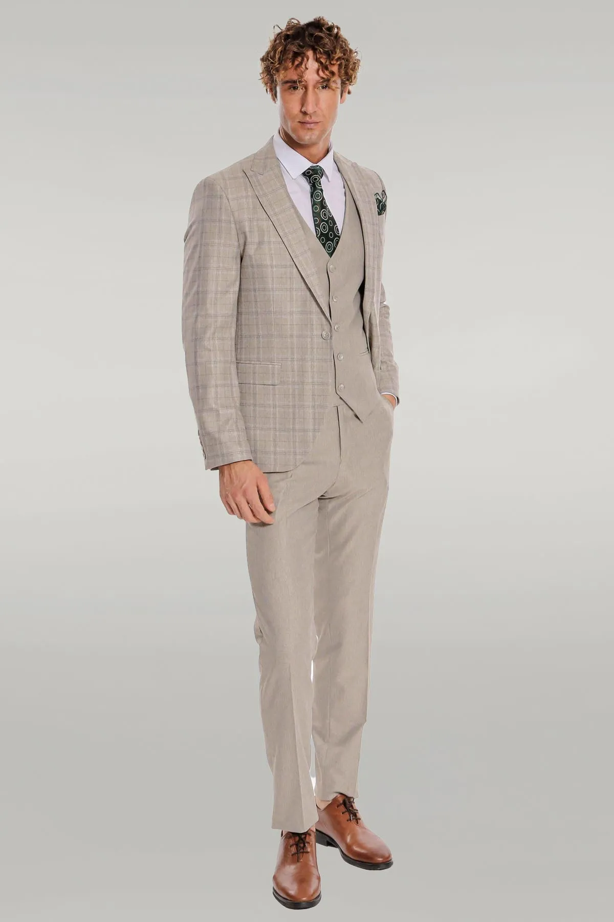 Checked Slim Fit Cream Men Suit - Wessi sold by Wessi product image thumbnail 2