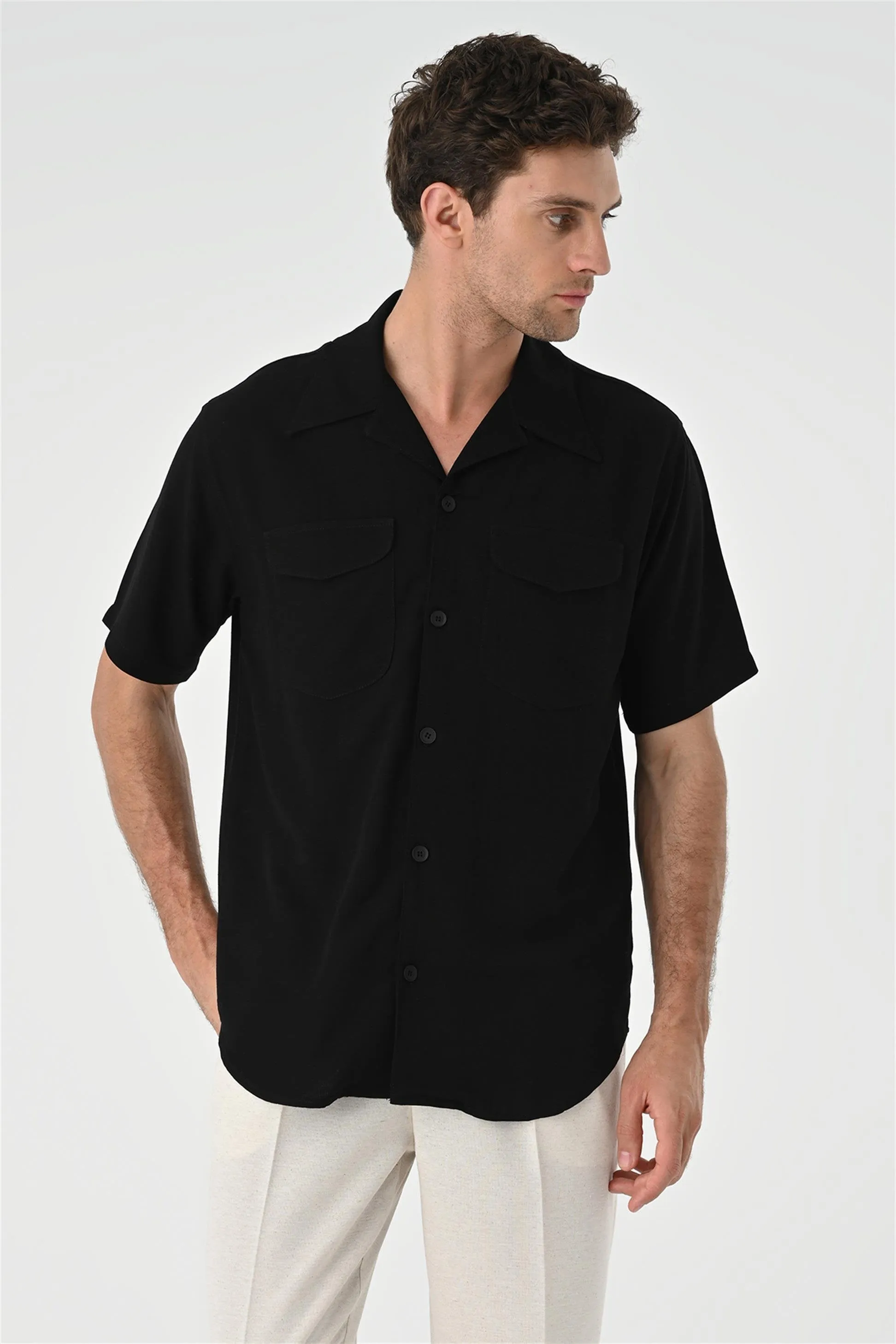Black Camp Collar Pocket Detailed Men's Shirt - Wessi sold by Wessi