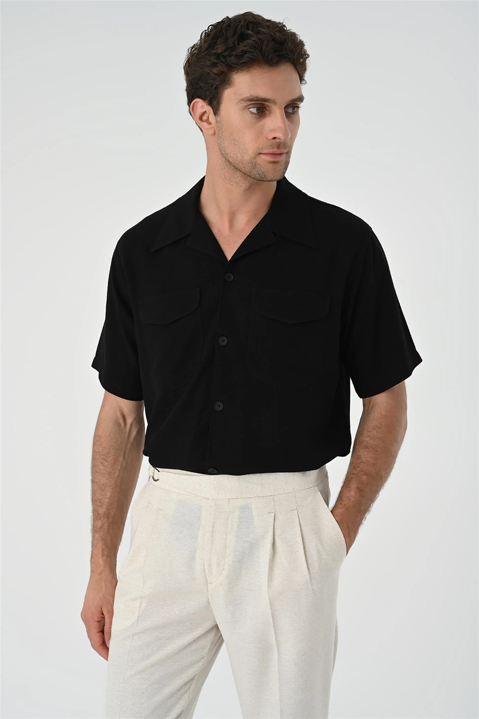 Black Camp Collar Pocket Detailed Men's Shirt - Wessi sold by Wessi product image thumbnail 4