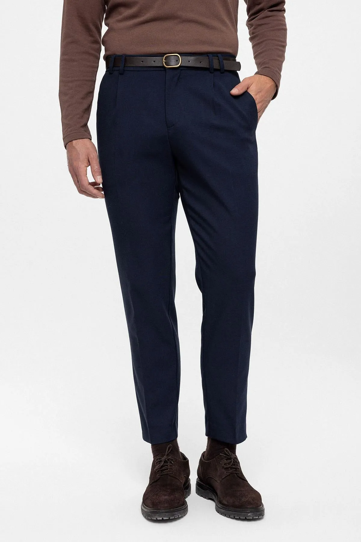 Men's Navy Blue Belted High Waist Trousers - Wessi sold by Wessi product image thumbnail 3