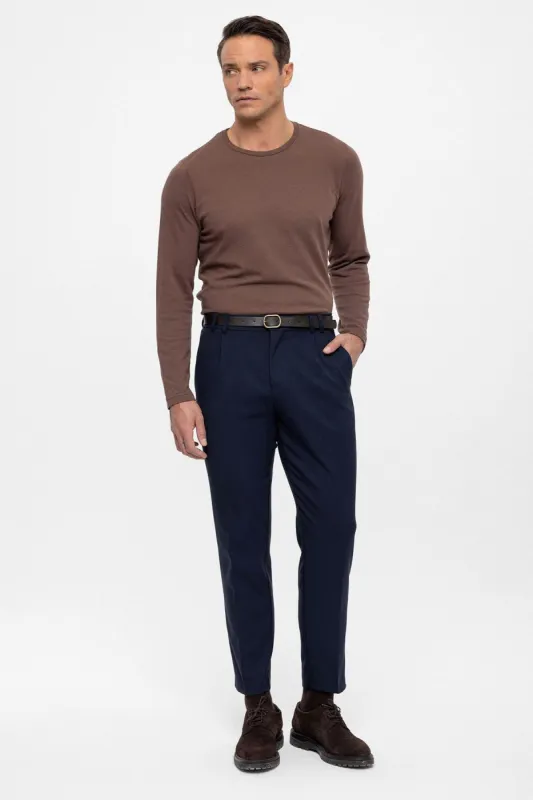 Men's Navy Blue Belted High Waist  Trousers - Wessi sold by Wessi