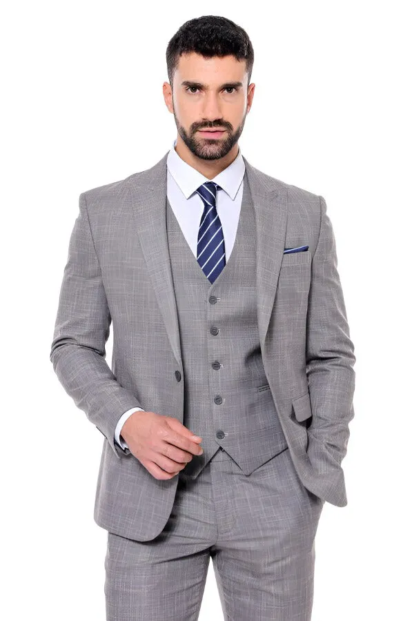 Patterned Vested Slim-Fit Grey Men Suit - Wessi sold by Wessi
